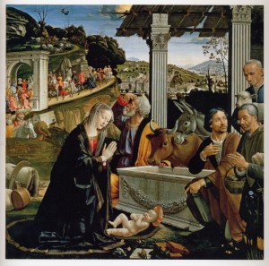 Domenico Ghirlandaio, Natività e adorazione dei pastori, 1485; dipinto su tavola; cm 167 x 167. Firenze, Basilica di Santa Trinita, cappella Sassetti.
