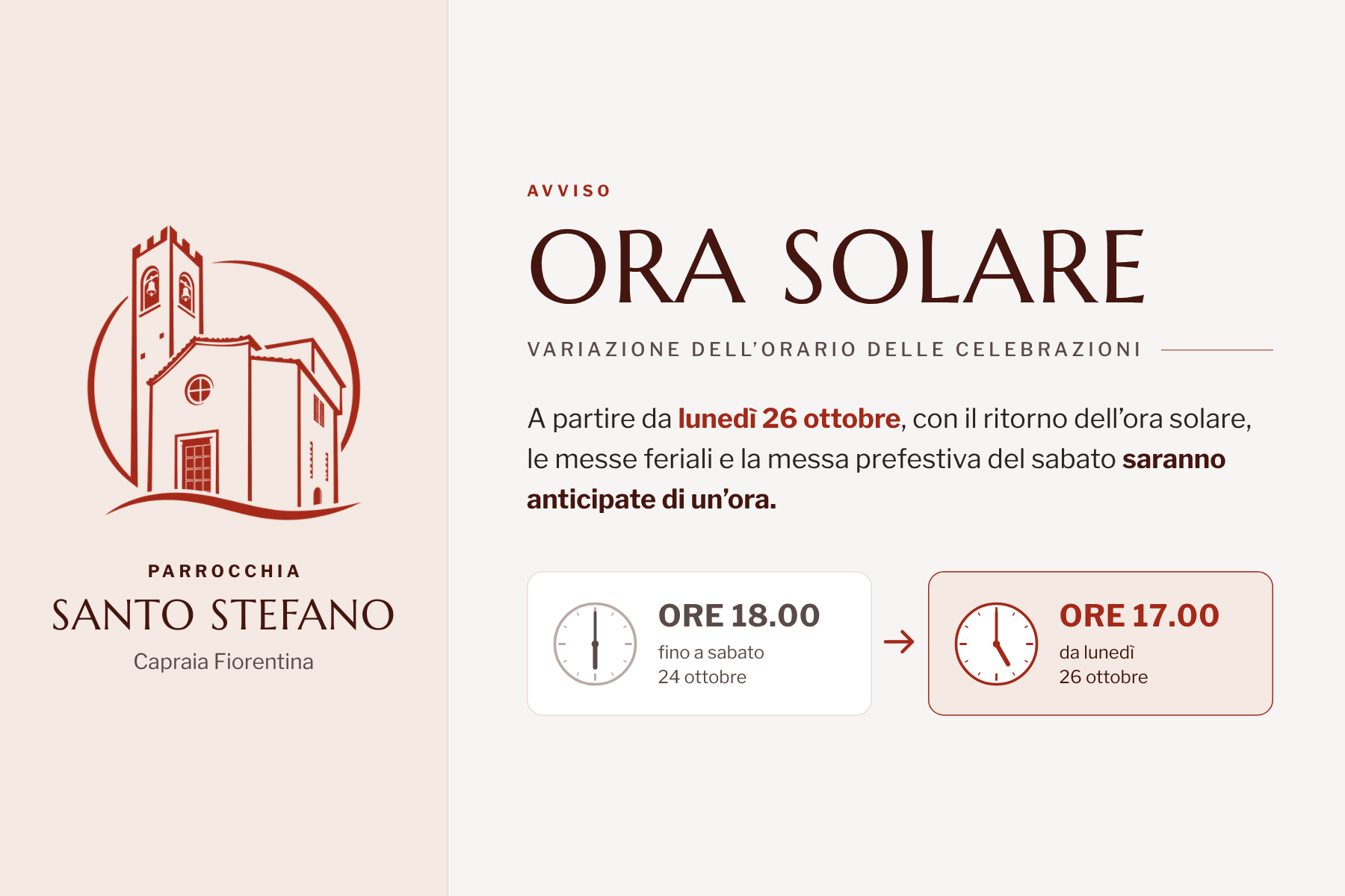 Ora solare – Variazione dell’orario delle celebrazioni